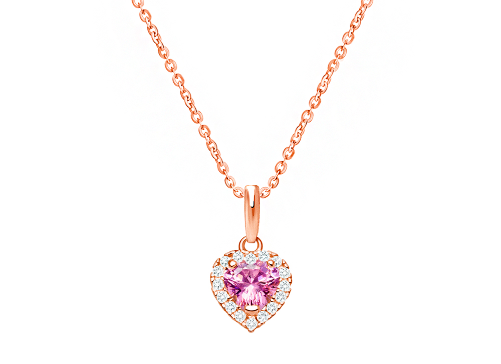 Blissful Heart Pink Clear CZ Halo Teen s Necklace for Girls 14K Rose Gold