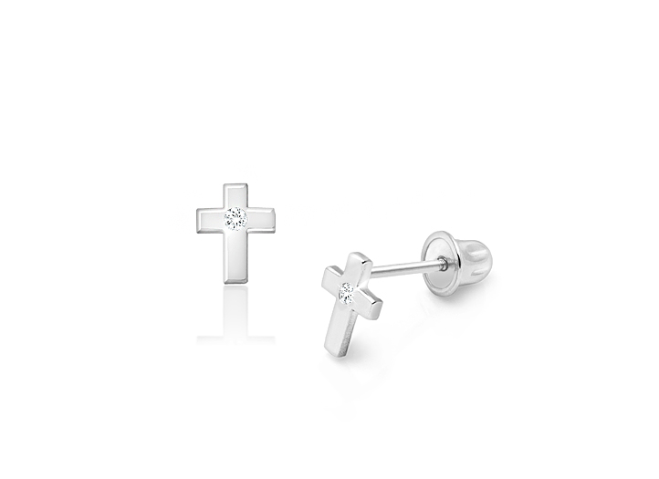 14k White Gold Tiny Clear CZ Religious Cross Screw Back Baby Girl Earrings 