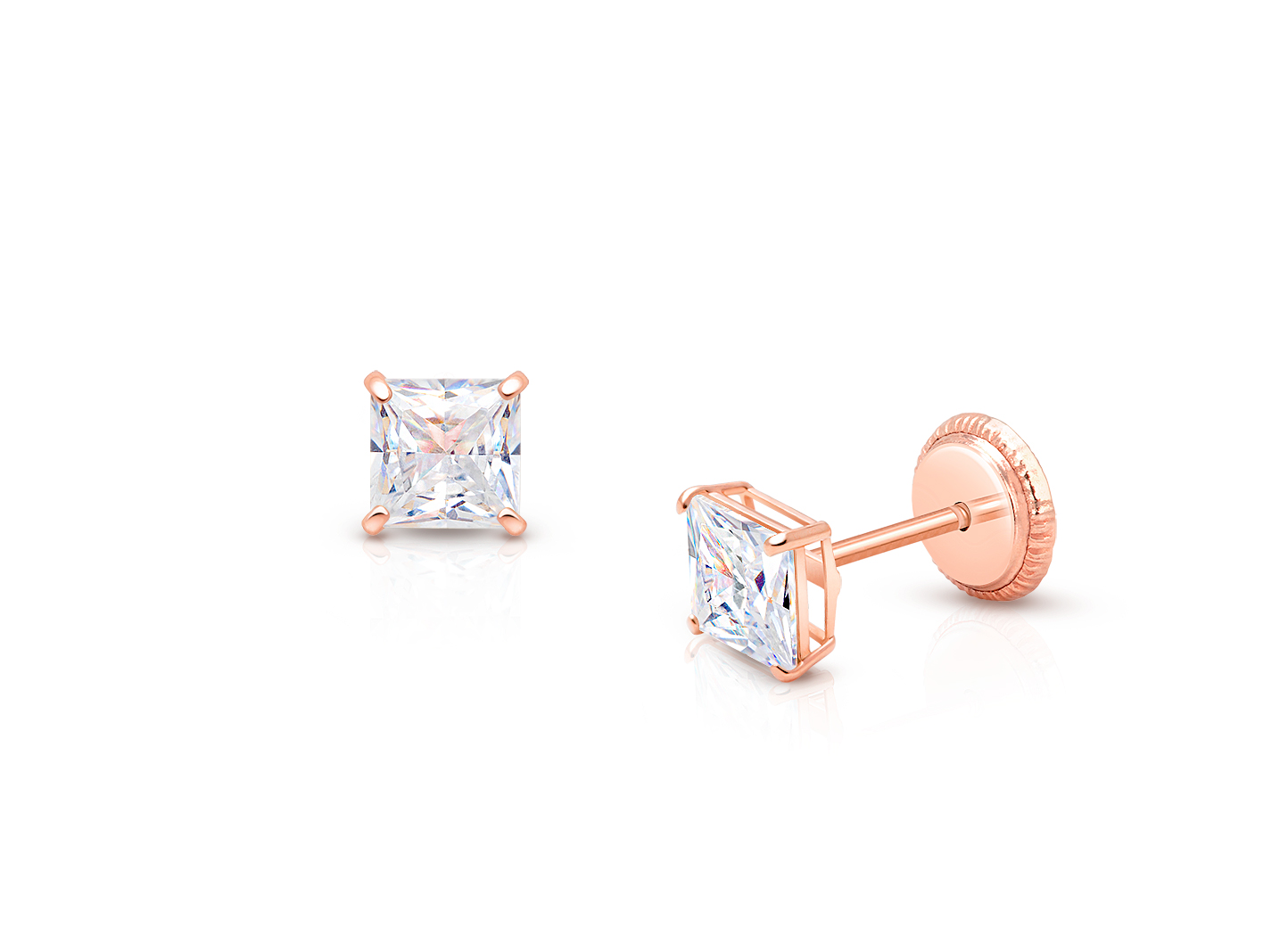 Princess Cut Studs 4mm Clear CZ Studs Baby Children s Earrings Screw Back 14K Rose Gold