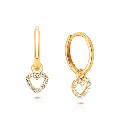 11mm Classic Huggie Hoops with Pavé Heart Dangle, Baby/Children&#039;s Earrings - 14K Gold