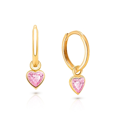 11mm Classic Huggie Hoops with Pink Heart Dangle, Baby/Children&#039;s Earrings - 14K Gold
