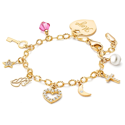 14K Gold Charm Bracelet, Design Your Own Christening/Baptism Baby/Children’s Link Chain Bracelet for Girls (INCLUDES Engraved Heart &amp; Religious Charm) - 14K Gold