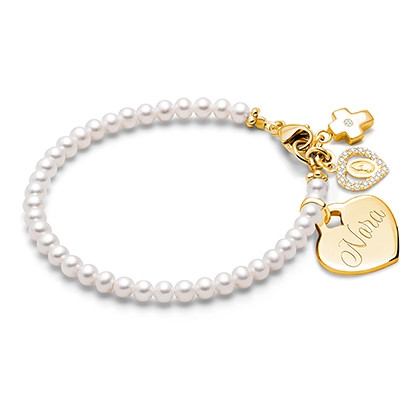 3mm Cultured Pearls, Christening/Baptism Baby/Children&#039;s Beaded Bracelet for Girls (INCLUDES Engraved Charm) - 14K Gold