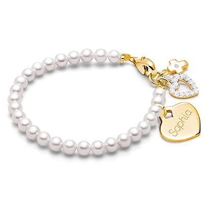 4mm Cultured Pearls, Christening/Baptism Baby/Children&#039;s Beaded Bracelet for Girls (INCLUDES Engraved Charm) - 14K Gold