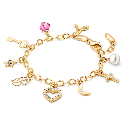 14K Gold Charm Bracelet, Design Your Own Christening/Baptism Baby/Children’s Link Chain Bracelet for Girls (INCLUDES Diamond Initial &amp; Religious Charm) - 14K Gold
