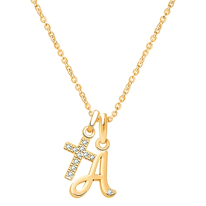 14K Gold Initial with Genuine Diamond &quot;Design Your Own&quot; Personalized Communion Children&#039;s Necklace for Girls (Includes Religious Charm) - 14K Gold