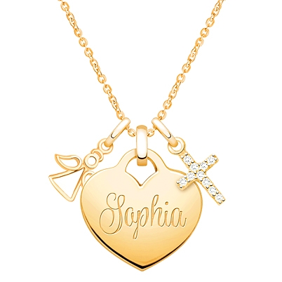 Gold Heart, Communion Necklace (Includes Chain &amp; FREE 1-Side Engraving) - 14K Gold