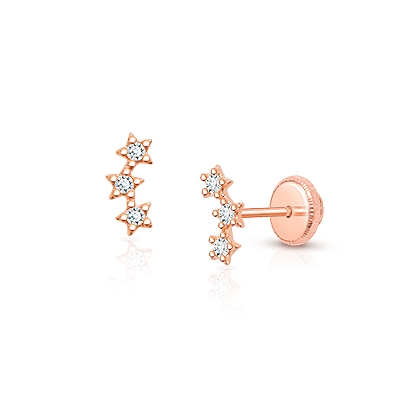 Lucky Stars, Clear CZ Teen’s Earrings, Screw Back - 14K Rose Gold