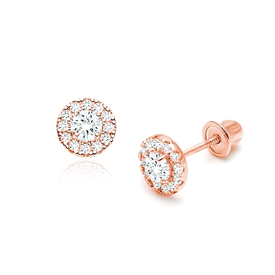 Blissful Halo, Clear Pavé CZ First Holy Communion Children&#039;s Earrings, Screw Back - 14K Rose Gold