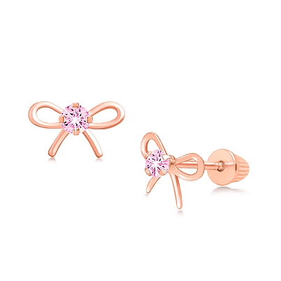 Bows &amp; Bling, Pink CZ Teen&#039;s Earrings, Screw Back - 14K Rose Gold