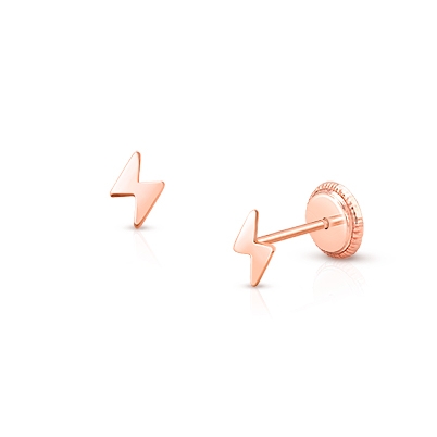 Lightning Bolt, Teen&#039;s Earrings, Screw Back - 14K Rose Gold