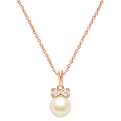 Miss Mouse Bow with Pearl Teen&#039;s Necklace (Includes Chain) - 14K Rose Gold