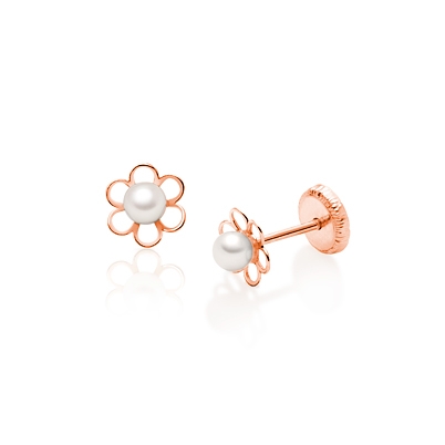 Petals and Pearls, Baby/Children&#039;s Earrings, Screw Back - 14K Rose Gold