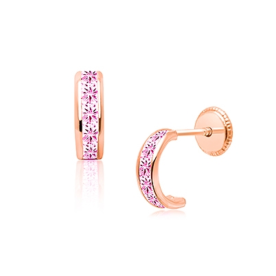 Princess Cut Half Hoop, Channel Set Pink CZ Christening/Baptism Baby/Children&#039;s Earrings, Screw Back - 14K Rose Gold