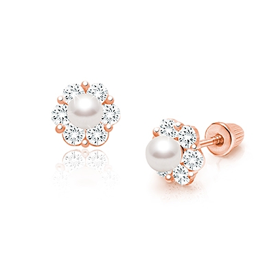 Regal Radiance, Clear CZ Baby/Children&#039;s Earrings, Screw Back - 14K Rose Gold