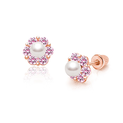 Regal Radiance, Pink CZ First Holy Communion Children&#039;s Earrings, Screw Back - 14K Rose Gold