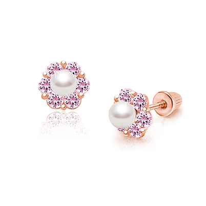 Regal Radiance, Pink CZ Teen&#039;s Earrings, Screw Back - 14K Rose Gold