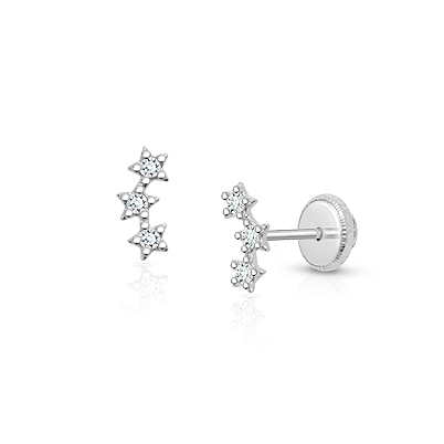 Lucky Stars, Clear CZ Baby/Children’s Earrings, Screw Back - 14K White Gold