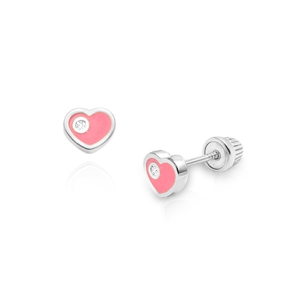 Sweet Heart with Genuine Diamond, Baby/Children&#039;s Earrings, Screw Back - 14K White Gold