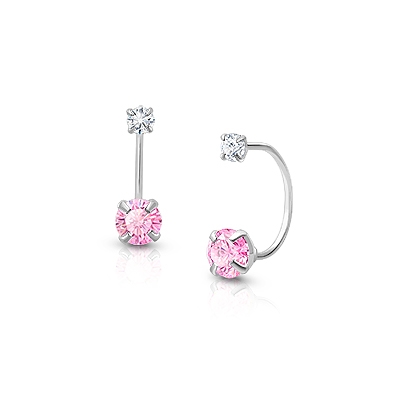 CZ Screw Front, Pink/Clear CZ Christening/Baptism Baby/Children&#039;s Earrings - 14K White Gold