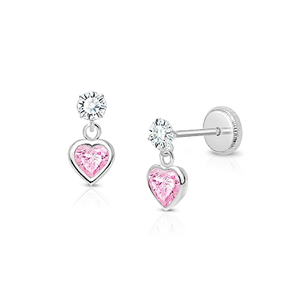 Fearless Heart Dangle, Pink/Clear CZ Teen&#039;s Earrings, Screw Back - 14K White Gold