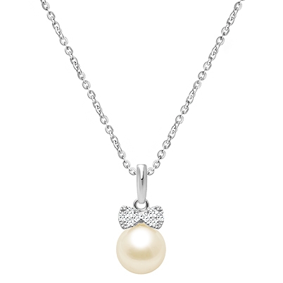 Miss Mouse Bow with Pearl Children&#039;s Necklace (Includes Chain) - 14K White Gold