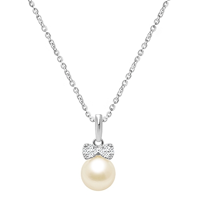 Miss Mouse Bow with Pearl Teen&#039;s Necklace (Includes Chain) - 14K White Gold