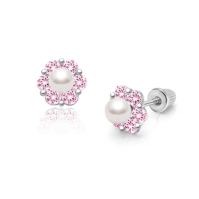 Regal Radiance, Pink CZ First Holy Communion Children&#039;s Earrings, Screw Back - 14K White Gold