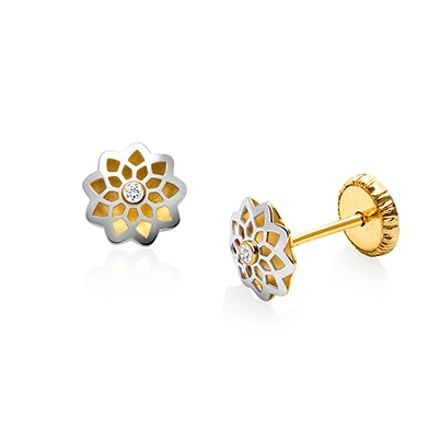 Darling Dahlia, 2-Tone Christening/Baptism Baby/Children&#039;s Earrings, Screw Back - 14K Gold / 14K White Gold