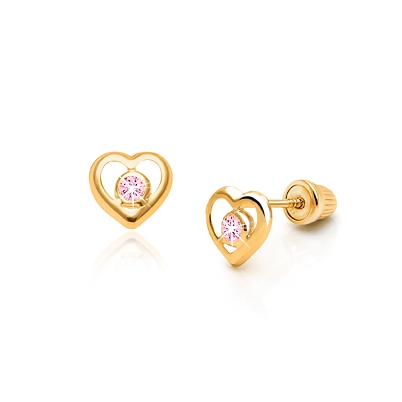Tender Heart, Pink CZ Baby/Children&#039;s Earrings, Screw Back - 14K Gold