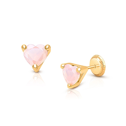 Pink Opal CZ Heart, Teen&#039;s Earrings, Screw Back - 14K Gold
