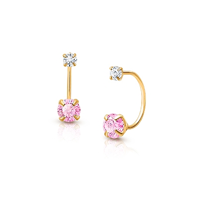 CZ Screw Front, Pink/Clear CZ Baby/Children&#039;s Earrings - 14K Gold