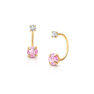 CZ Screw Front, Pink/Clear CZ Teen&#039;s Earrings - 14K Gold