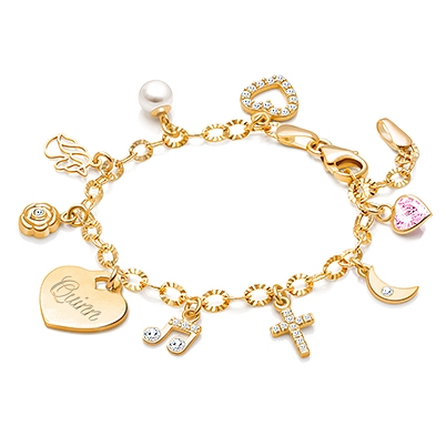 14K Gold Charm Bracelet, Design Your Own Christening/Baptism Baby/Children’s Link Chain Bracelet for Girls (INCLUDES Engraved Heart &amp; Religious Charm) - 14K Gold