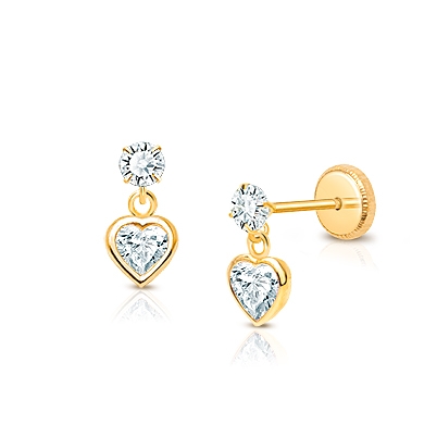 Fearless Heart Dangle, Clear CZ Teen&#039;s Earrings, Screw Back - 14K Gold