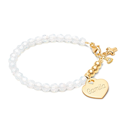tB® Signature Crystal™ Trademark White Opal, First Holy Communion Beaded Bracelet for Girls (INCLUDES Engraved Charm) - 14K Gold