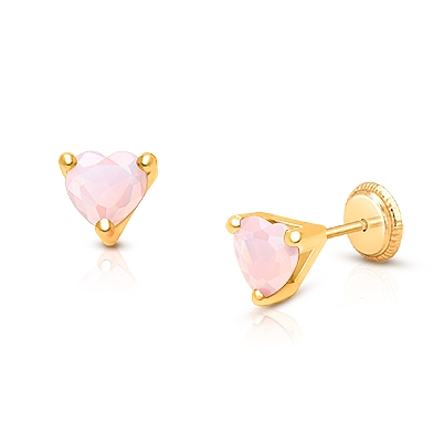 Gia™ Pink Opal CZ Heart, Baby/Children&#039;s Earrings, Screw Back - 14K Gold