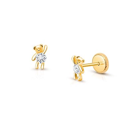 Teddy Bear Bliss, Clear CZ Baby/Children&#039;s Earrings, Screw Back - 14K Gold