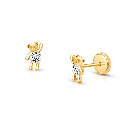 Teddy Bear Bliss, Clear CZ Baby/Children&#039;s Earrings, Screw Back - 14K Gold