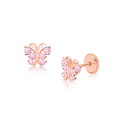 Curly Butterfly, Pink Pavé CZ Baby/Children&#039;s Earrings, Screw Back - 14K Rose Gold