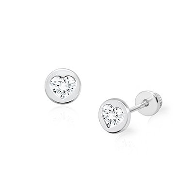 Perfect Love, Clear CZ Heart, Baby/Children&#039;s Earrings, Screw Back - 14K White Gold