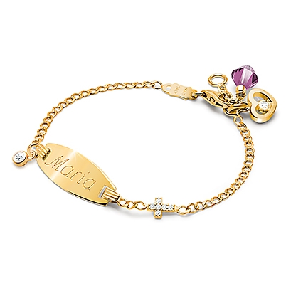 Pavé Cross, Christening/Baptism Baby/Children&#039;s Engraved ID Bracelet - 14K Gold