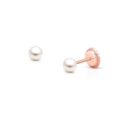 3mm Pearl Studs, Christening/Baptism Baby/Children&#039;s Earrings, Screw Back - 14K Rose Gold