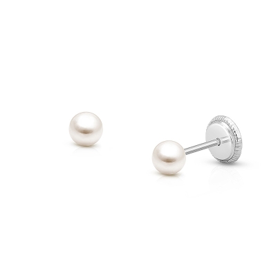 3mm Pearl Studs, Christening/Baptism Baby/Children&#039;s Earrings, Screw Back - 14K White Gold