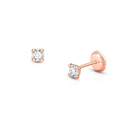 3mm CZ Round Studs, Christening/Baptism Baby/Children&#039;s Earrings, Screw Back - 14K Rose Gold