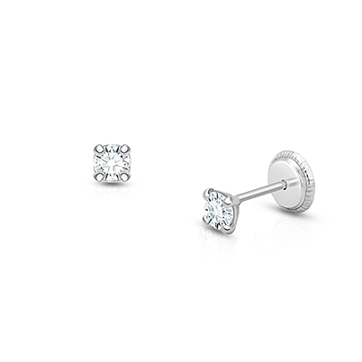 3mm CZ Round Studs, Christening/Baptism Baby/Children&#039;s Earrings, Screw Back - 14K White Gold