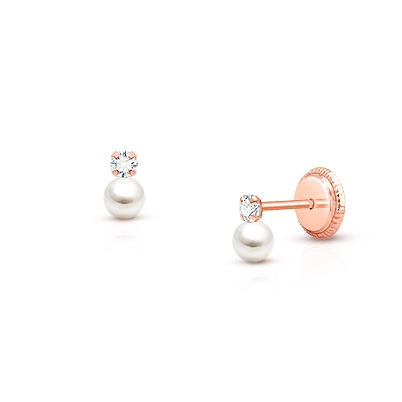 3mm Pearl Drop, Clear CZ Baby/Children&#039;s Earrings, Screw Back - 14K Rose Gold