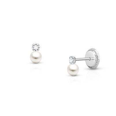 3mm Pearl Drop, Clear CZ Baby/Children&#039;s Earrings, Screw Back - 14K White Gold