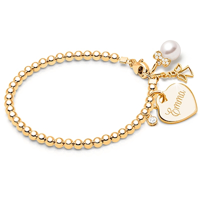 3mm Tiny Blessings Beads, Baby/Children&#039;s Beaded Bracelet (Includes Engravable Heart Charm) - 14K Gold