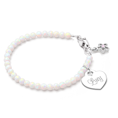 3mm Opals, Lab Created White Opal Baby/Children&#039;s Beaded Bracelet for Girls (INCLUDES Engraved Charm) - Sterling Silver